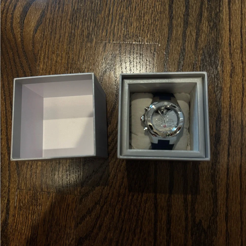 Michele Silver-Tone Case Watch with Black Strap